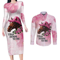 Personalized Kentucky Horse Race Couples Matching Long Sleeve Bodycon Dress and Long Sleeve Button Shirt Big Hats And Horses Pink Out Party