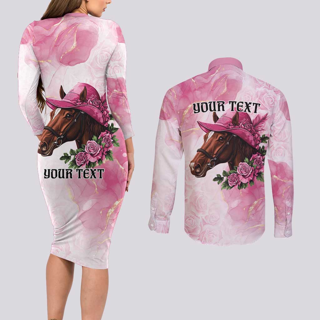 Personalized Kentucky Horse Race Couples Matching Long Sleeve Bodycon Dress and Long Sleeve Button Shirt Big Hats And Horses Pink Out Party