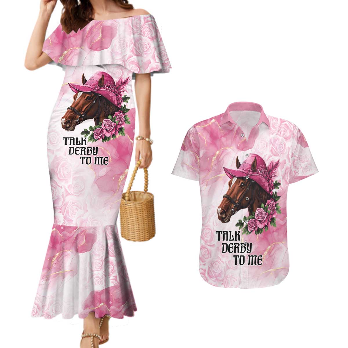 Personalized Kentucky Horse Race Couples Matching Mermaid Dress and Hawaiian Shirt Big Hats And Horses Pink Out Party