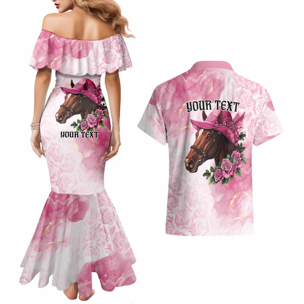 Personalized Kentucky Horse Race Couples Matching Mermaid Dress and Hawaiian Shirt Big Hats And Horses Pink Out Party