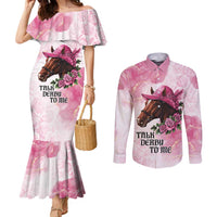 Personalized Kentucky Horse Race Couples Matching Mermaid Dress and Long Sleeve Button Shirt Big Hats And Horses Pink Out Party
