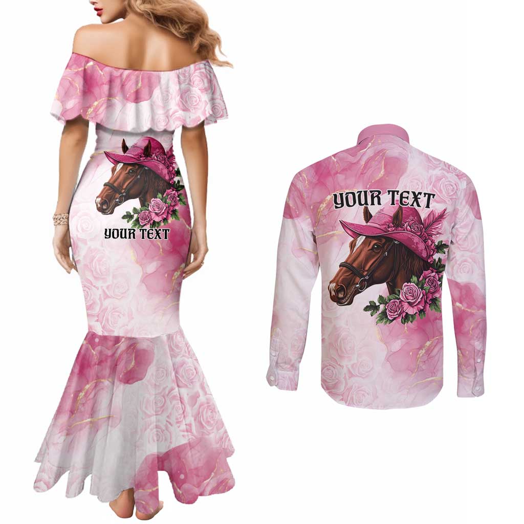 Personalized Kentucky Horse Race Couples Matching Mermaid Dress and Long Sleeve Button Shirt Big Hats And Horses Pink Out Party