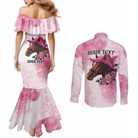 Personalized Kentucky Horse Race Couples Matching Mermaid Dress and Long Sleeve Button Shirt Big Hats And Horses Pink Out Party