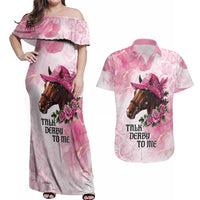 Personalized Kentucky Horse Race Couples Matching Off Shoulder Maxi Dress and Hawaiian Shirt Big Hats And Horses Pink Out Party