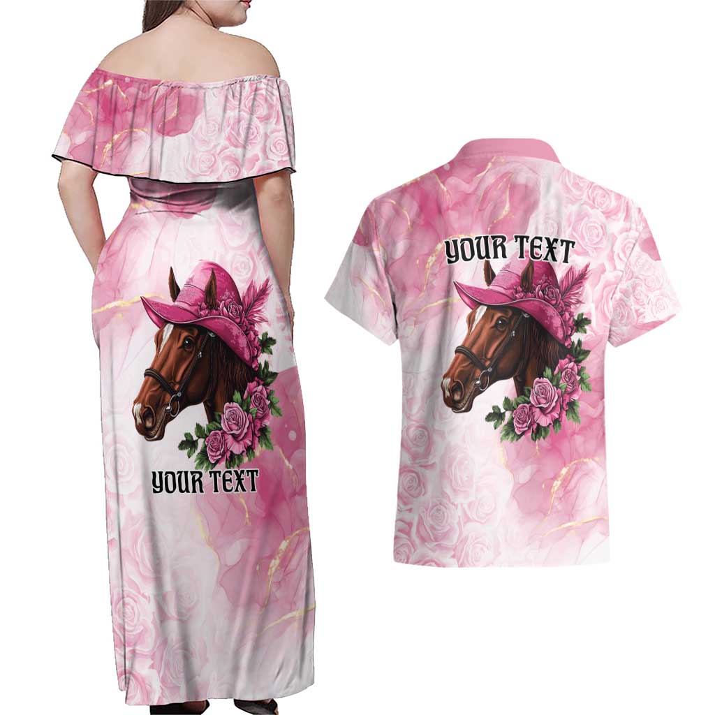 Personalized Kentucky Horse Race Couples Matching Off Shoulder Maxi Dress and Hawaiian Shirt Big Hats And Horses Pink Out Party