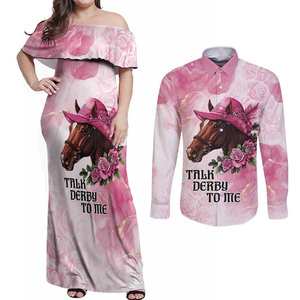 Personalized Kentucky Horse Race Couples Matching Off Shoulder Maxi Dress and Long Sleeve Button Shirt Big Hats And Horses Pink Out Party