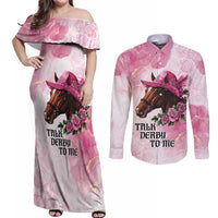 Personalized Kentucky Horse Race Couples Matching Off Shoulder Maxi Dress and Long Sleeve Button Shirt Big Hats And Horses Pink Out Party