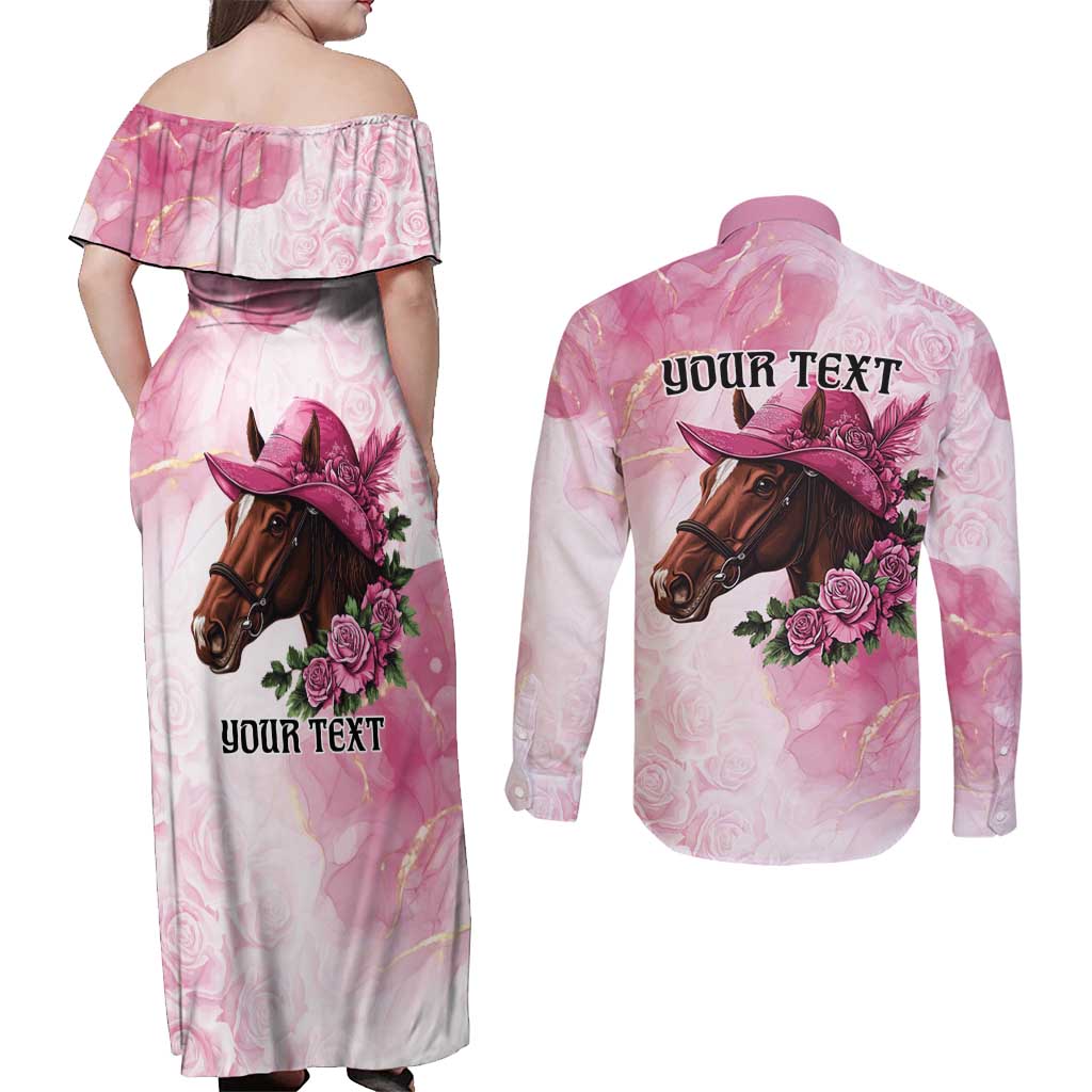 Personalized Kentucky Horse Race Couples Matching Off Shoulder Maxi Dress and Long Sleeve Button Shirt Big Hats And Horses Pink Out Party