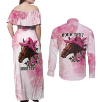 Personalized Kentucky Horse Race Couples Matching Off Shoulder Maxi Dress and Long Sleeve Button Shirt Big Hats And Horses Pink Out Party