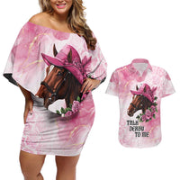 Personalized Kentucky Horse Race Couples Matching Off Shoulder Short Dress and Hawaiian Shirt Big Hats And Horses Pink Out Party