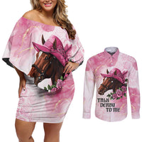 Personalized Kentucky Horse Race Couples Matching Off Shoulder Short Dress and Long Sleeve Button Shirt Big Hats And Horses Pink Out Party