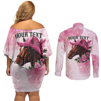 Personalized Kentucky Horse Race Couples Matching Off Shoulder Short Dress and Long Sleeve Button Shirt Big Hats And Horses Pink Out Party