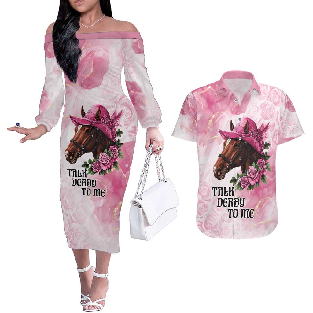 Personalized Kentucky Horse Race Couples Matching Off The Shoulder Long Sleeve Dress and Hawaiian Shirt Big Hats And Horses Pink Out Party