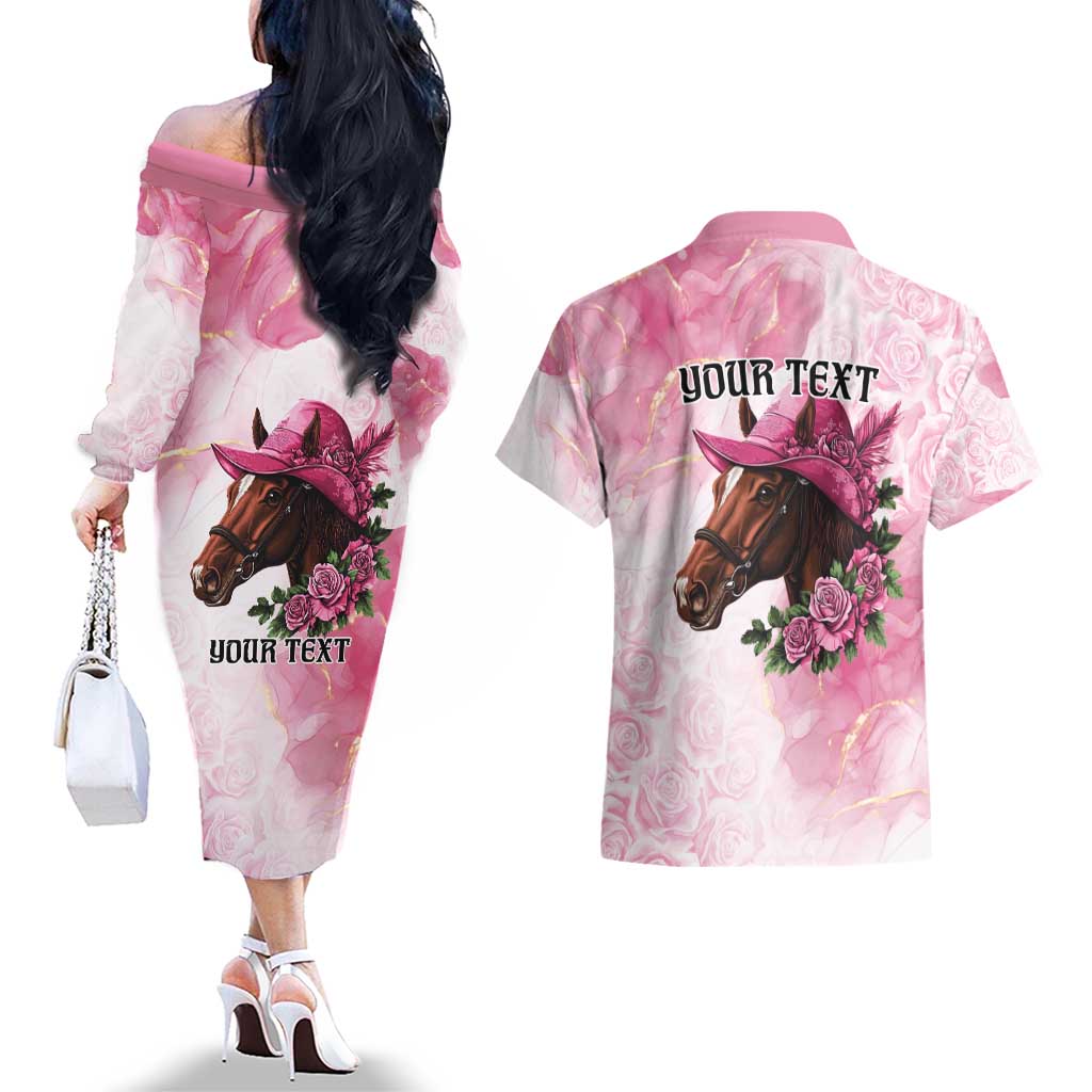 Personalized Kentucky Horse Race Couples Matching Off The Shoulder Long Sleeve Dress and Hawaiian Shirt Big Hats And Horses Pink Out Party
