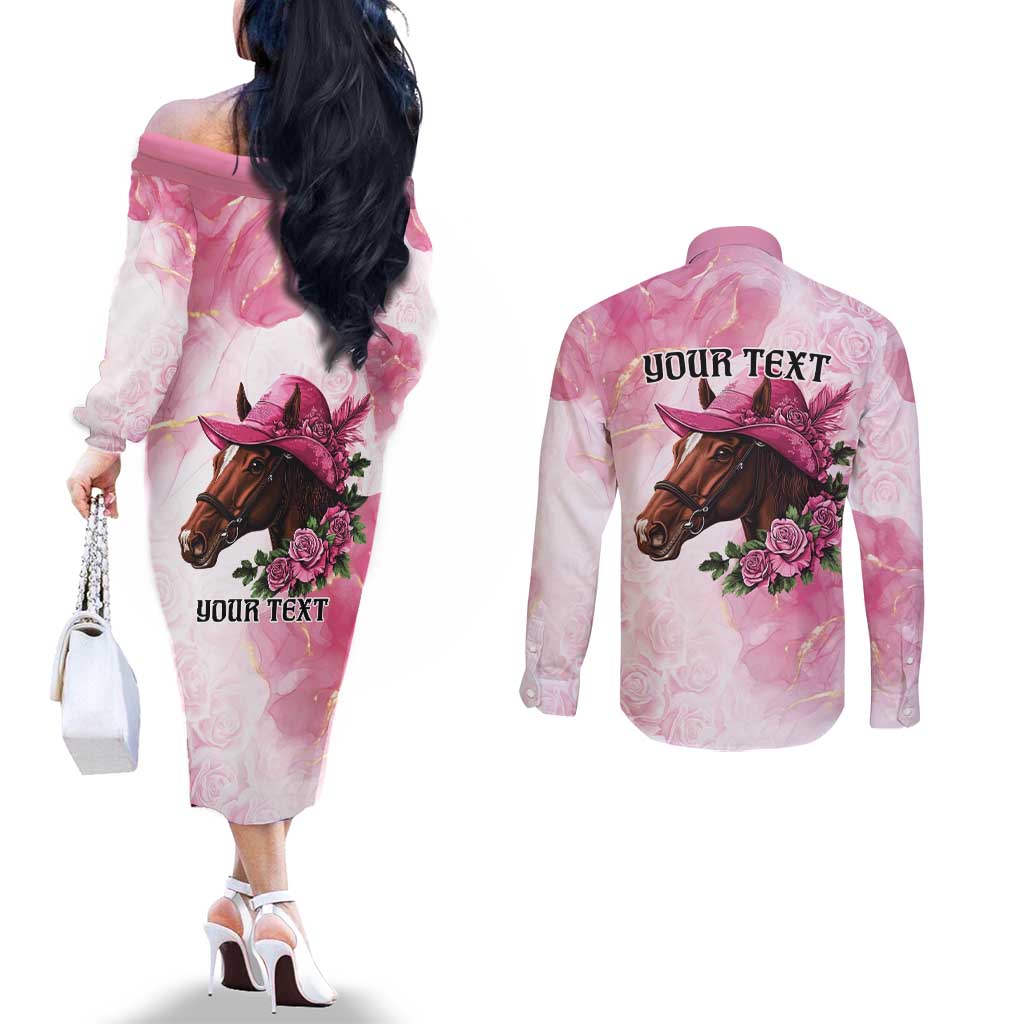 Personalized Kentucky Horse Race Couples Matching Off The Shoulder Long Sleeve Dress and Long Sleeve Button Shirt Big Hats And Horses Pink Out Party