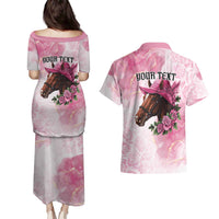 Personalized Kentucky Horse Race Couples Matching Puletasi and Hawaiian Shirt Big Hats And Horses Pink Out Party