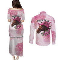 Personalized Kentucky Horse Race Couples Matching Puletasi and Long Sleeve Button Shirt Big Hats And Horses Pink Out Party