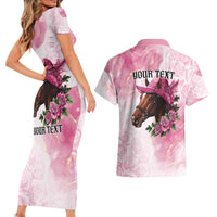 Personalized Kentucky Horse Race Couples Matching Short Sleeve Bodycon Dress and Hawaiian Shirt Big Hats And Horses Pink Out Party