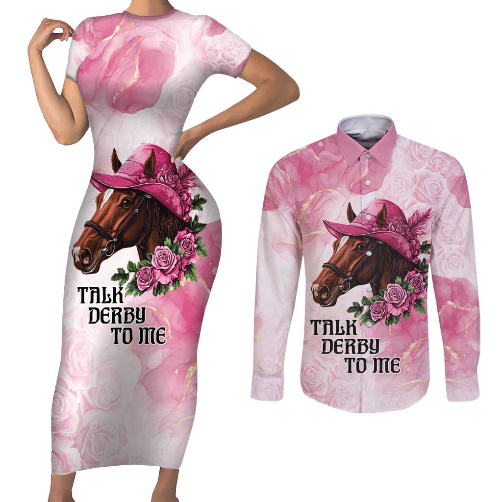 Personalized Kentucky Horse Race Couples Matching Short Sleeve Bodycon Dress and Long Sleeve Button Shirt Big Hats And Horses Pink Out Party