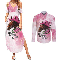 Personalized Kentucky Horse Race Couples Matching Summer Maxi Dress and Long Sleeve Button Shirt Big Hats And Horses Pink Out Party