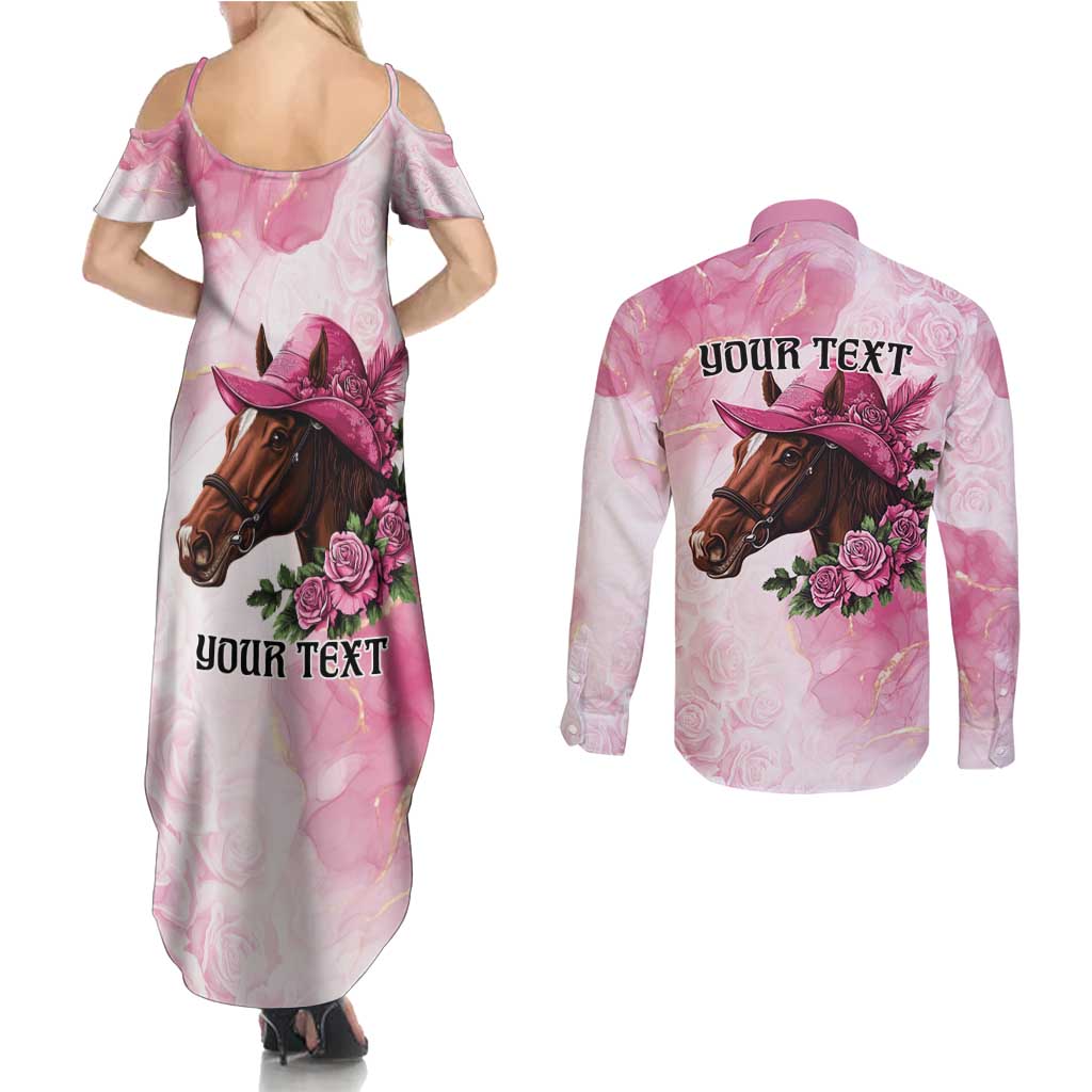 Personalized Kentucky Horse Race Couples Matching Summer Maxi Dress and Long Sleeve Button Shirt Big Hats And Horses Pink Out Party
