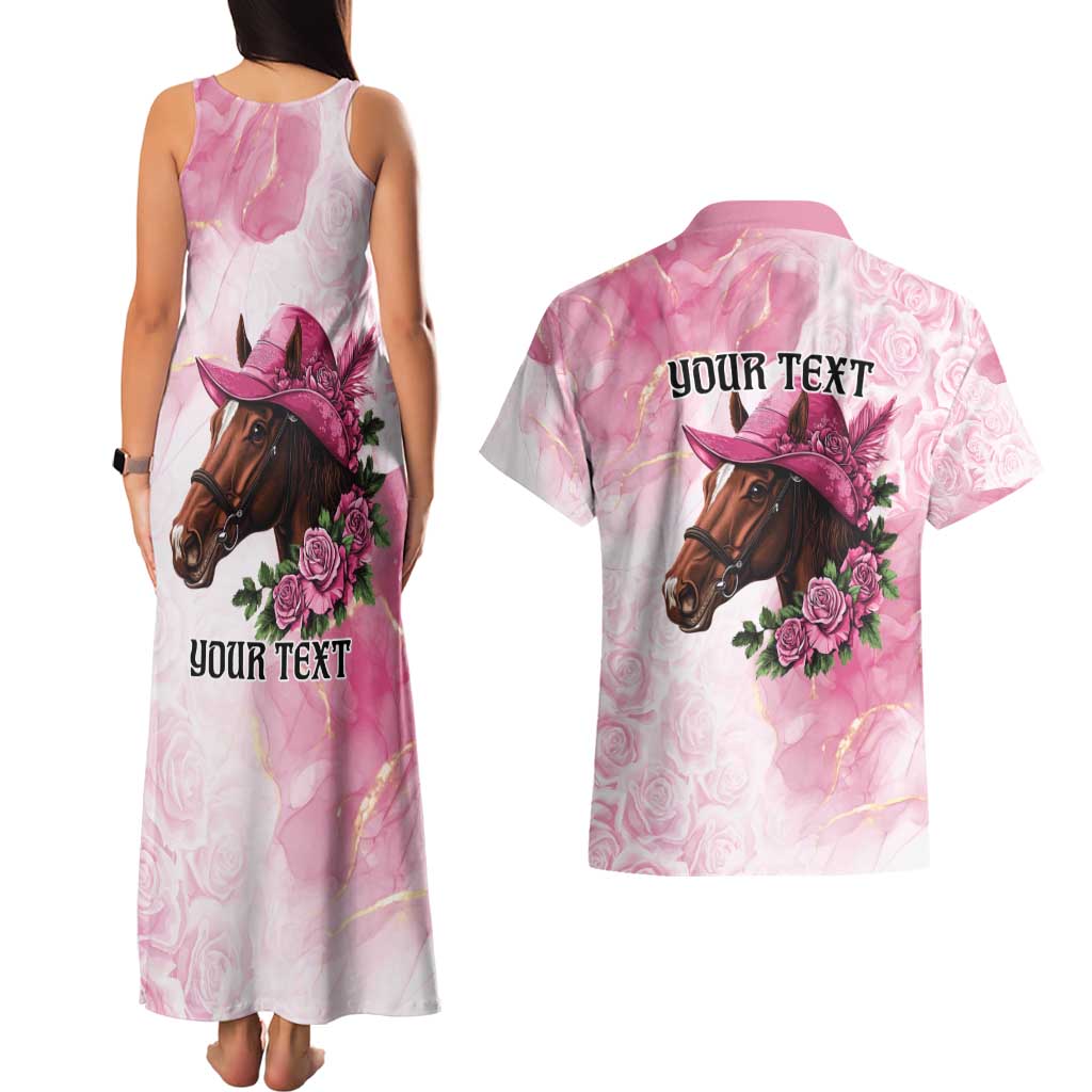 Personalized Kentucky Horse Race Couples Matching Tank Maxi Dress and Hawaiian Shirt Big Hats And Horses Pink Out Party