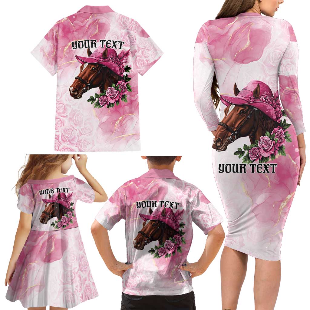 Personalized Kentucky Horse Race Family Matching Long Sleeve Bodycon Dress and Hawaiian Shirt Big Hats And Horses Pink Out Party