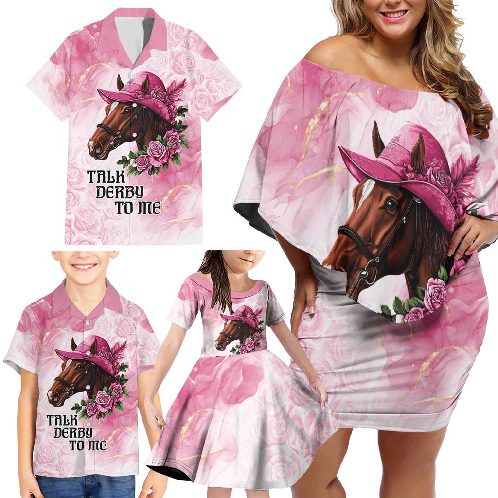 Personalized Kentucky Horse Race Family Matching Off Shoulder Short Dress and Hawaiian Shirt Big Hats And Horses Pink Out Party