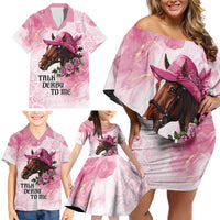 Personalized Kentucky Horse Race Family Matching Off Shoulder Short Dress and Hawaiian Shirt Big Hats And Horses Pink Out Party
