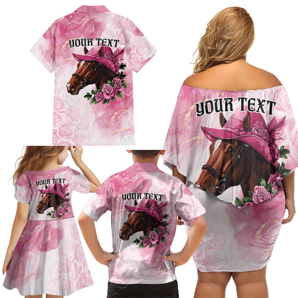 Personalized Kentucky Horse Race Family Matching Off Shoulder Short Dress and Hawaiian Shirt Big Hats And Horses Pink Out Party