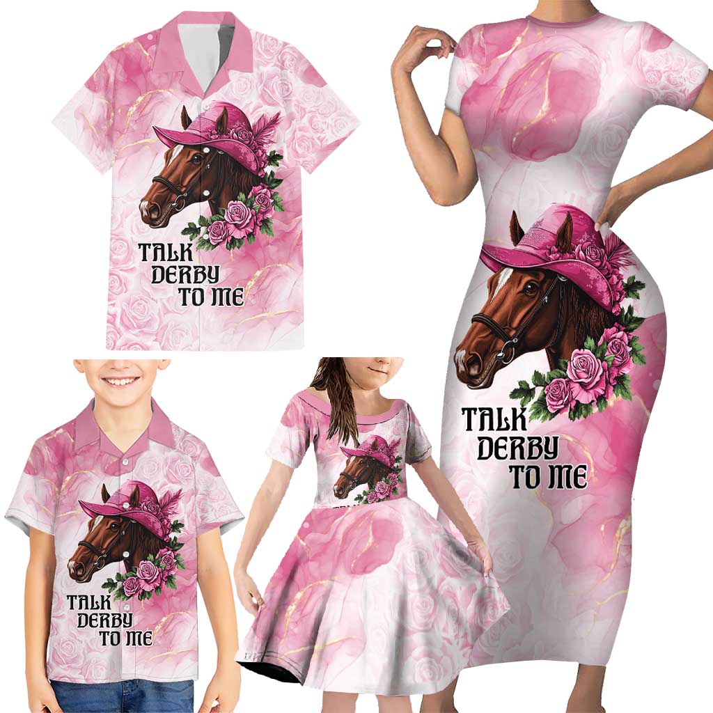 Personalized Kentucky Horse Race Family Matching Short Sleeve Bodycon Dress and Hawaiian Shirt Big Hats And Horses Pink Out Party