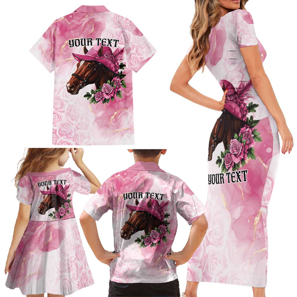 Personalized Kentucky Horse Race Family Matching Short Sleeve Bodycon Dress and Hawaiian Shirt Big Hats And Horses Pink Out Party
