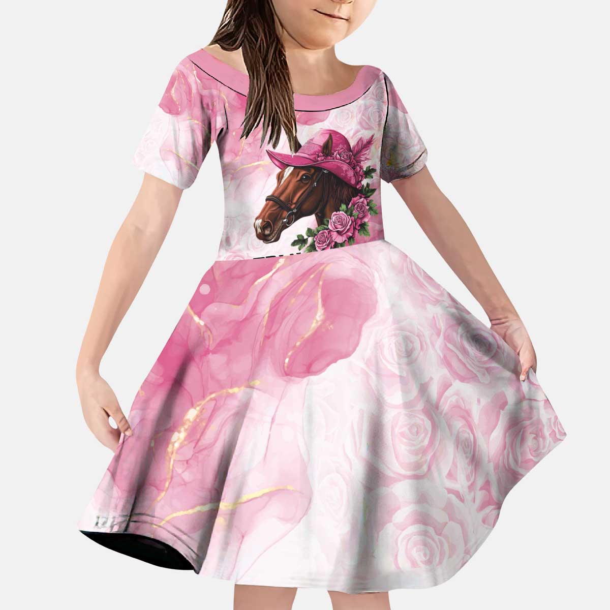 Personalized Kentucky Horse Race Kid Short Sleeve Dress Big Hats And Horses Pink Out Party
