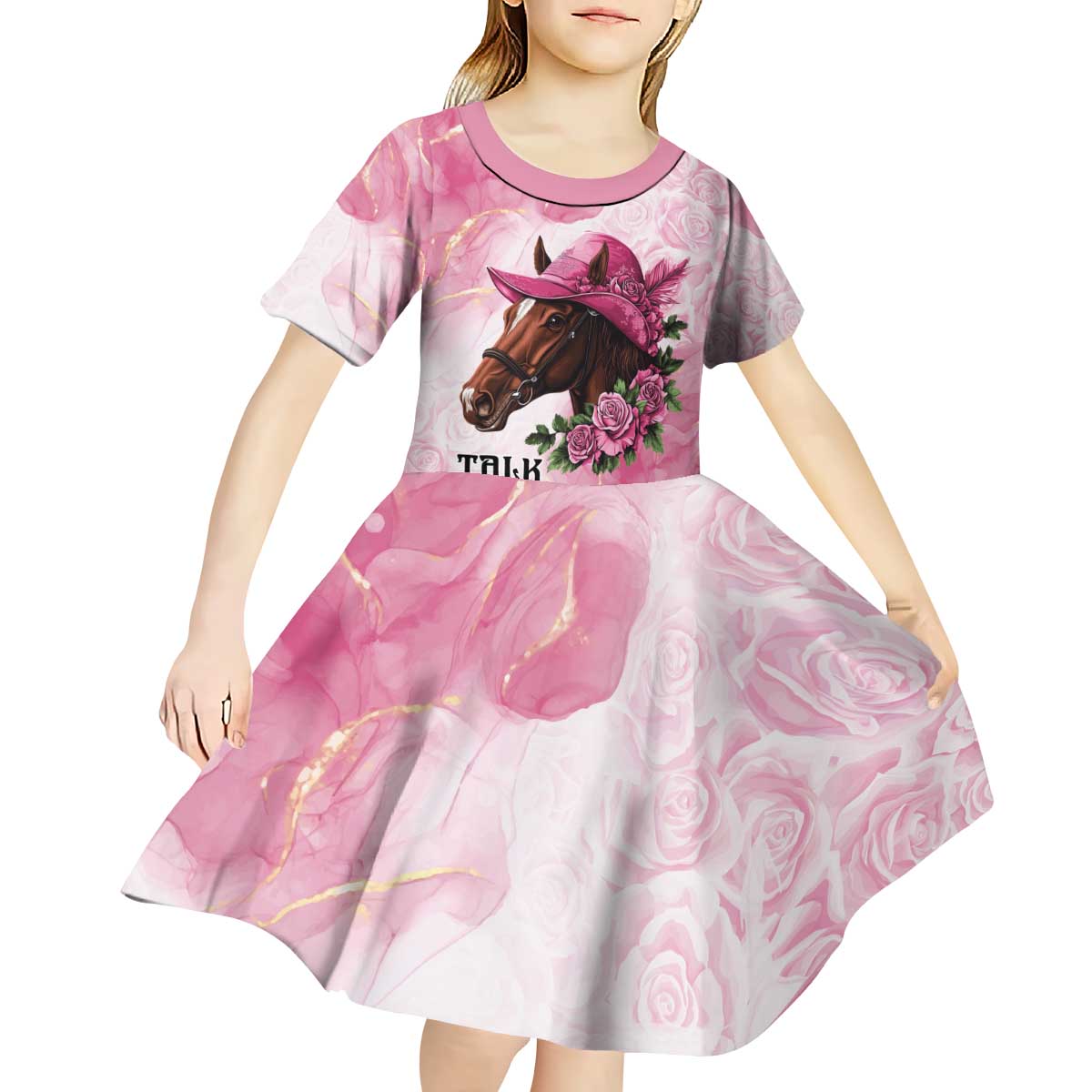 Personalized Kentucky Horse Race Kid Short Sleeve Dress Big Hats And Horses Pink Out Party