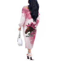 Personalized Kentucky Horse Race Off The Shoulder Long Sleeve Dress Big Hats And Horses Pink Out Party