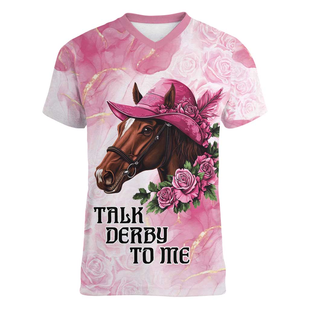 Personalized Kentucky Horse Race Women V-Neck T-Shirt Big Hats And Horses Pink Out Party