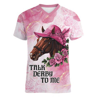 Personalized Kentucky Horse Race Women V-Neck T-Shirt Big Hats And Horses Pink Out Party