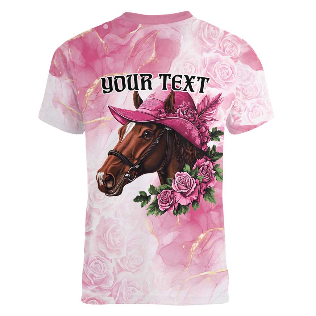 Personalized Kentucky Horse Race Women V-Neck T-Shirt Big Hats And Horses Pink Out Party