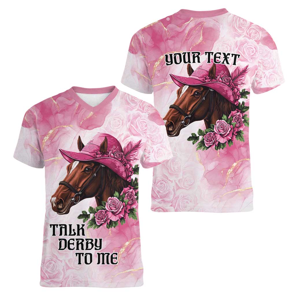 Personalized Kentucky Horse Race Women V-Neck T-Shirt Big Hats And Horses Pink Out Party