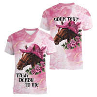 Personalized Kentucky Horse Race Women V-Neck T-Shirt Big Hats And Horses Pink Out Party