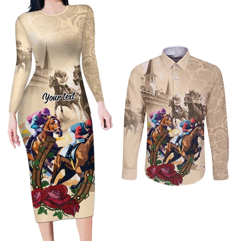 Personalized Kentucky Horse Race Couples Matching Long Sleeve Bodycon Dress and Long Sleeve Button Shirt Race for Rosse