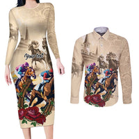 Personalized Kentucky Horse Race Couples Matching Long Sleeve Bodycon Dress and Long Sleeve Button Shirt Race for Rosse