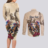 Personalized Kentucky Horse Race Couples Matching Long Sleeve Bodycon Dress and Long Sleeve Button Shirt Race for Rosse
