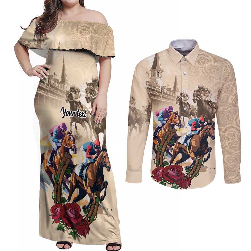 Personalized Kentucky Horse Race Couples Matching Off Shoulder Maxi Dress and Long Sleeve Button Shirt Race for Rosse