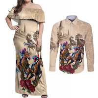 Personalized Kentucky Horse Race Couples Matching Off Shoulder Maxi Dress and Long Sleeve Button Shirt Race for Rosse
