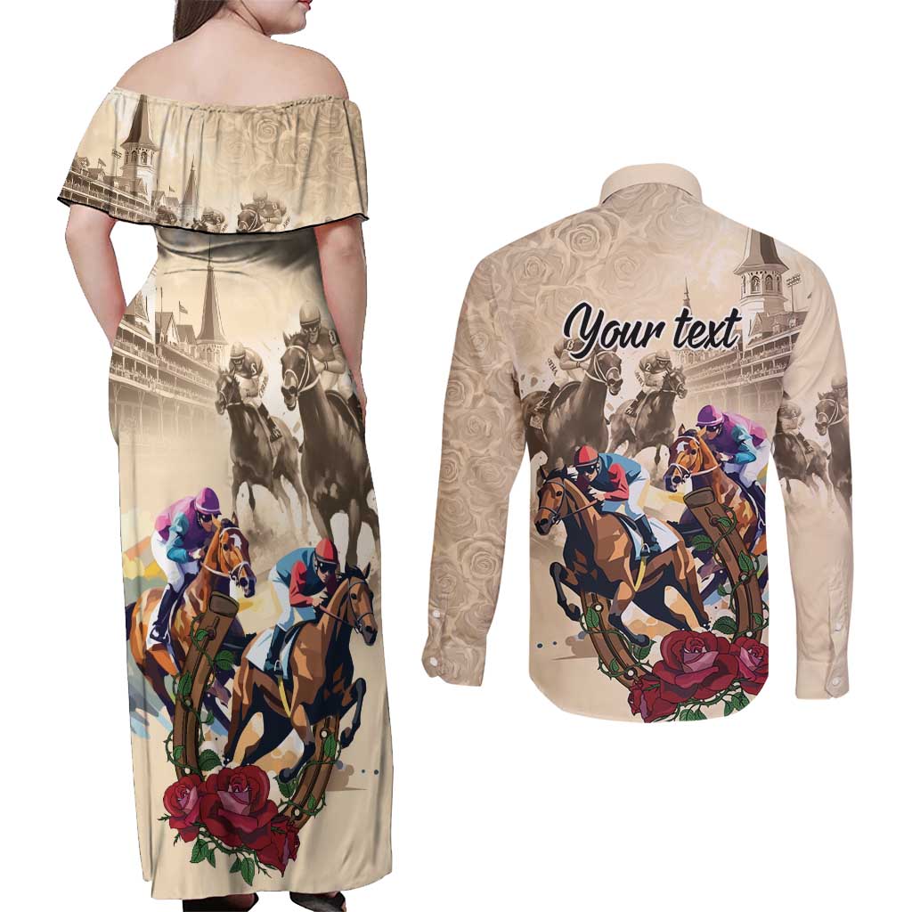 Personalized Kentucky Horse Race Couples Matching Off Shoulder Maxi Dress and Long Sleeve Button Shirt Race for Rosse