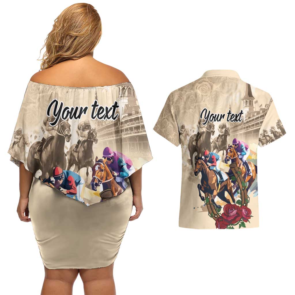 Personalized Kentucky Horse Race Couples Matching Off Shoulder Short Dress and Hawaiian Shirt Race for Rosse