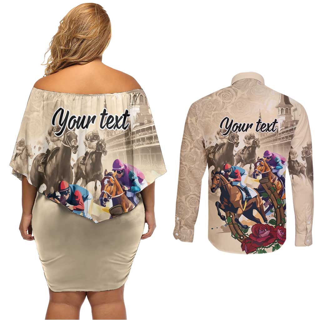 Personalized Kentucky Horse Race Couples Matching Off Shoulder Short Dress and Long Sleeve Button Shirt Race for Rosse