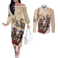 Personalized Kentucky Horse Race Couples Matching Off The Shoulder Long Sleeve Dress and Long Sleeve Button Shirt Race for Rosse