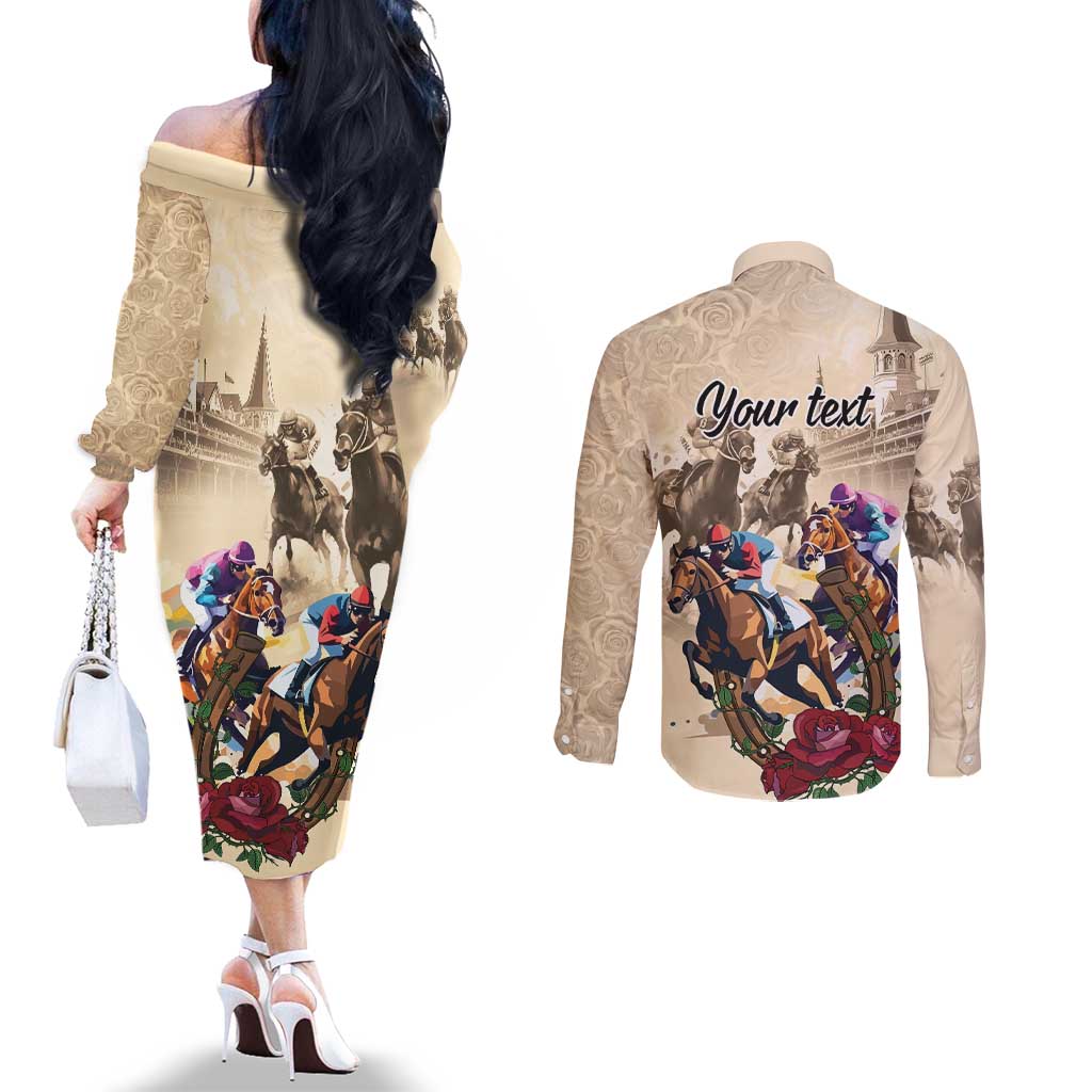 Personalized Kentucky Horse Race Couples Matching Off The Shoulder Long Sleeve Dress and Long Sleeve Button Shirt Race for Rosse